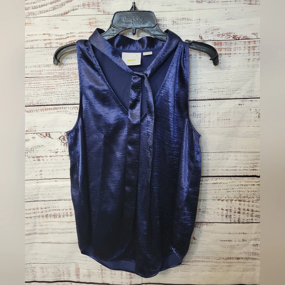 ANTHROPOLOGY Maeve S8 Sleveless Blue Tie Neck Blouse - Picture 6 of 12
